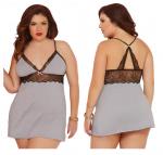 Heather Grey Jersey Knit with Floral Lace Chemise and Thong Set-XLarge Two Piece