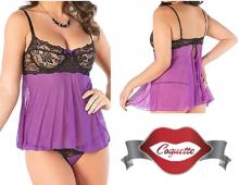 Coquette Purple/Black Large 12-14 Mesh Lace Babydoll & G-String Chemise COQ-1035