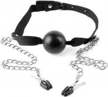 Fetish Fantasy Ball Gag and Nipple Clamps Metal Chain S&M Bondage Toy Pipedream