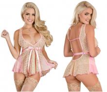 B470 Womens Pink Floral Lingerie Sweetheart Deep Plunge Belted Baby Doll Set