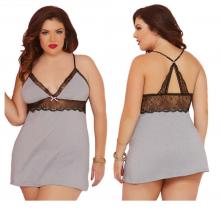 Grey Lace Chemise Set XL Heather Grey Jersey Knit with Floral Lace Chemise and Thong Set-XLarge Two Piece