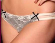 Cream Lace Mesh Thong with Contrasting Black Underlay and Satin Black Bows 